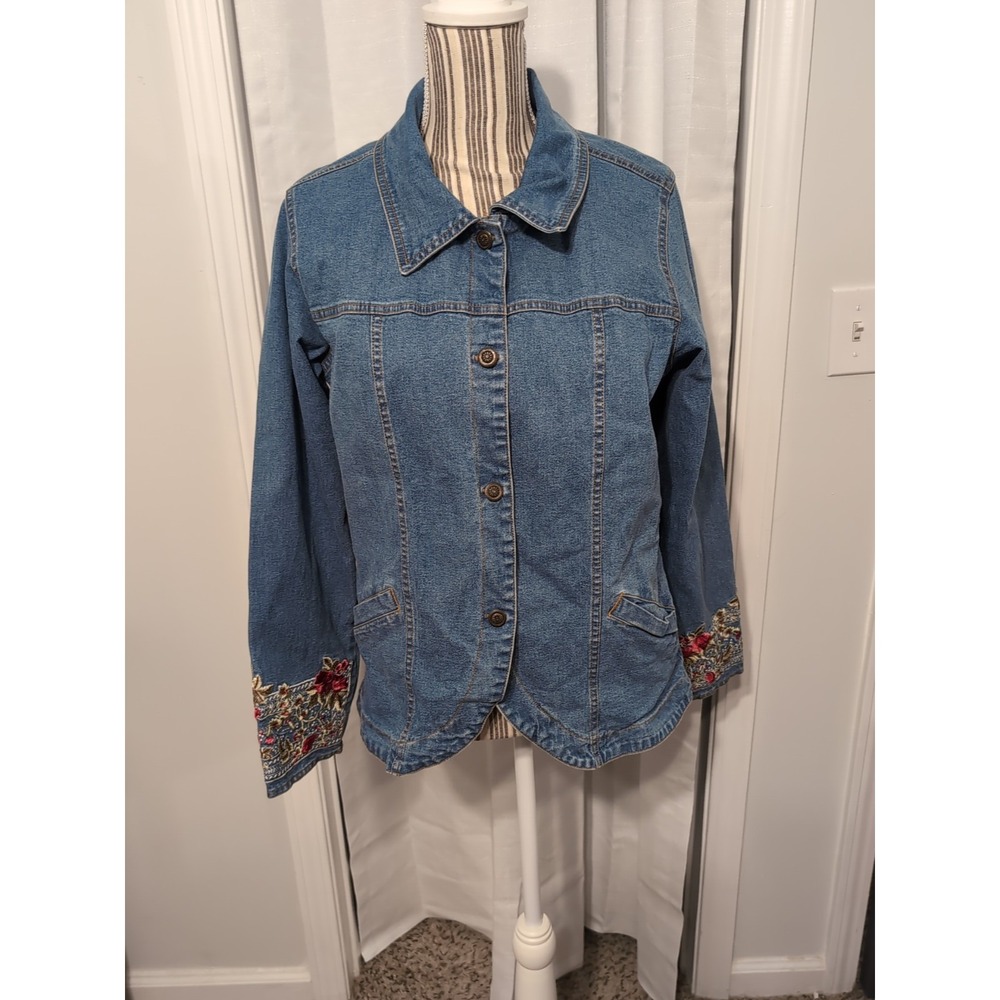 Denim Co. Jacket Blue Floral Embroidered Cuff Button Front Vintage Womens Medium